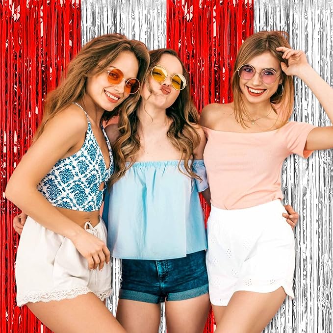 6 Pack Red and Silver Foil Fringe Curtains Backdrop, 3.28 x 8.2 Ft Metallic Streamers Tinsel Curtains Background for Photo Booth, Birthday, Christmas, Halloween, New Year Party Decorations