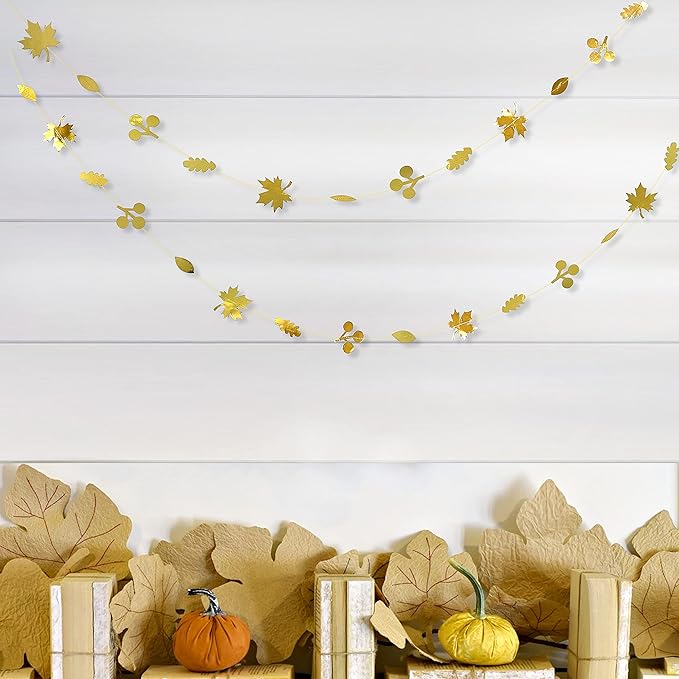 52Ft Fall Party Decorations Gold Fall Maple Leaf Paper Garlands Streamer Autumn Leaves Paper Banners for Birthday Wedding Bridal Baby Shower Engagement Bachelorette Thanksgiving Harvest Party Supplies
