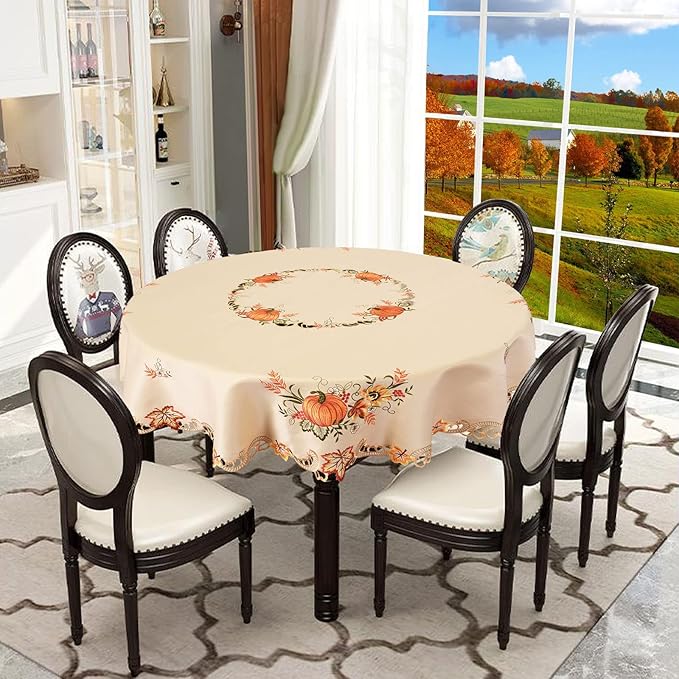 Simhomsen Embroidered Fall Autumn Harvest Pumpkins Tablecloth for Thanksgiving (Round 52 inches)
