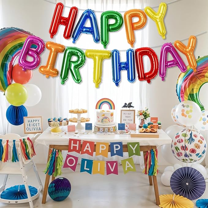 16 Inch Happy Birthday Banner Balloon - Rainbow Letters Foil Balloons, Self Inflating Multicolor Bunting for Kids Girls Boys Colorful Party Decorations