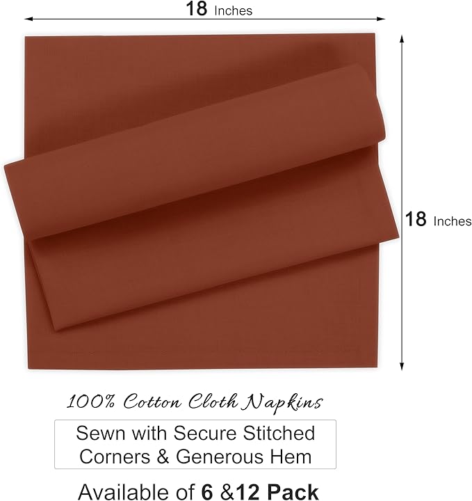 Ruvanti Premium Cloth Napkins Set of 12, 18x18 Inches, 100% Cotton, Washable, Soft & Absorbent, Perfect for Wedding, Christmas, ‎Thanksgiving Dinners - Rust