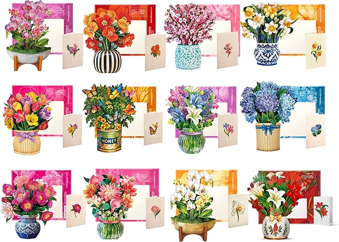 Freshcut Paper Pop-Up Greeting Cards, 6x6 Inch Mini Paper Flower Bouquets, 12 Count Assortment, Multicolor Floral Occasion Cards, Blank Inside, Pop-Up Feature
