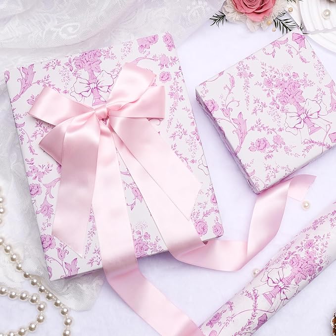 LaRibbons Pink Bow Floral Wrapping Paper Roll – 17 inch x 33 feet, Vintage Toile Stone Paper Design for Wedding, Baby Girl Shower, Bridal Gift Wrap, Valentine's Day, Christmas