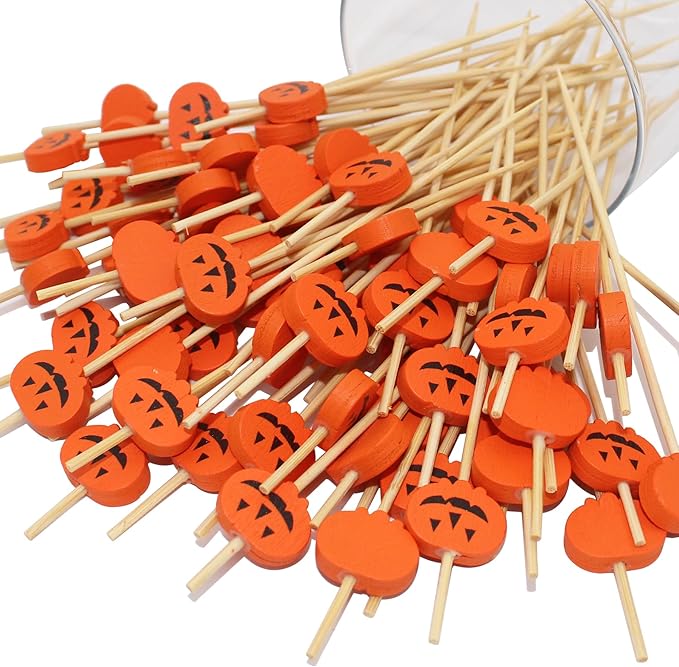 BLUE TOP 200PCS 4.7 Inch Halloween Pumpkins Bamboo Cocktail Picks Bamboo Toothpicks Fruit Picks for Home Party Appetizers Cocktail Decorations Charcuterie Board