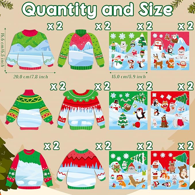 CY2SIDE 12 Set Christmas Ugly Sweater Scene Sticker Art Craft for Kids, Make A Winter Sweater Scene with Penguin Sticker, DIY Xmas Party Games for School Classroom Activities