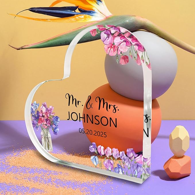 Custom Wedding Heart Acrylic Plaque,Mr & Mrs Cake Topper,Personalized Wedding Keepsake/Gift/Sign (Style 12)