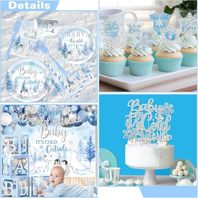 Baby Its Cold Outside Baby Shower Decorations,Pink Winter Wonderland Baby Shower Decorations Plates Napkins Cup Backdrop Banner Swirls Tablecloth Balloons Box for Boy Winter baby Shower Decorations