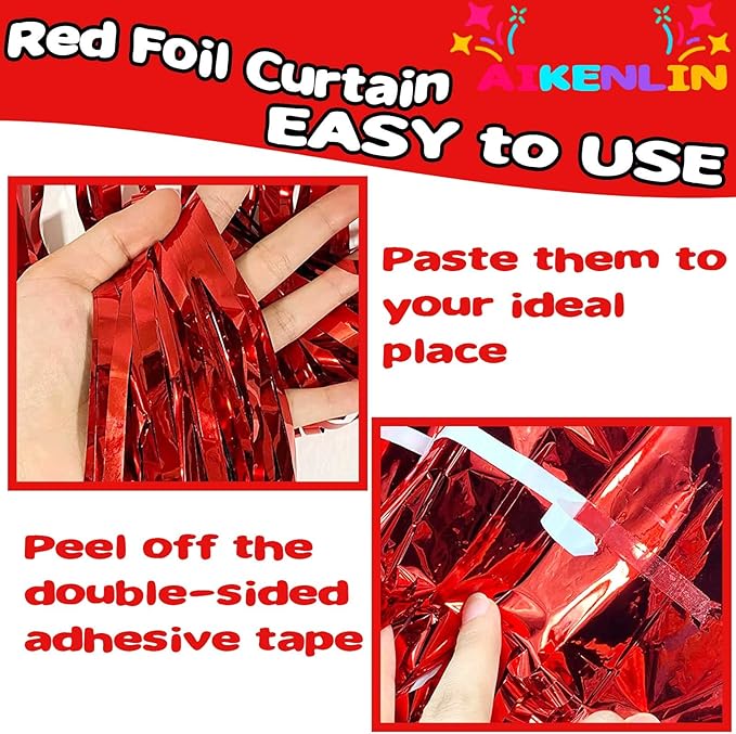4 Pack Red Foil Fringe Curtain Backdrop, 3.2Ft x 9.8Ft Metallic Tinsel Foil Fringe Streamers Curtains for Party, Photo Booth Props, Birthday, Wedding, Christmas Party Decoration Supplies