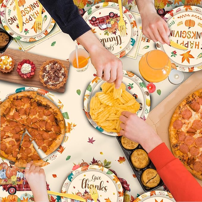 140pcs Thanksgiving Party Decorations Happy Fall Maple Leaves Plates and Napkins Tableware Set for Fall Harvest Thanksgiving Birthday Halloween Party Decorations