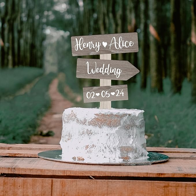 Personalized Rustic Wedding Cake Topper in Wood Custom Bride & Groom Names Initials Wedding Date Cake Decoration (Gray)