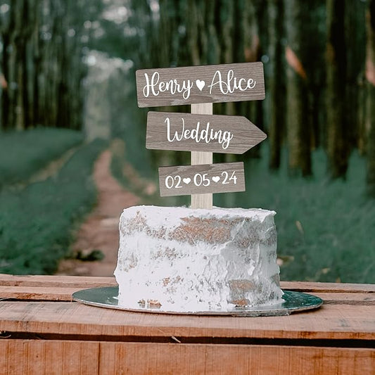 Personalized Rustic Wedding Cake Topper in Wood Custom Bride & Groom Names Initials Wedding Date Cake Decoration (Gray)