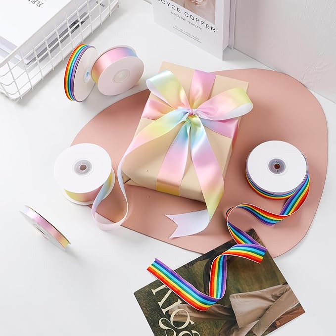 1 inch 25 Yards Light Rainbow Ribbon, Wide Single Face Shiny Satin Roll, Ribbon for Gift Wrapping, Wedding Decor, Pride Birthday Party Decoration & DIY Crafts
