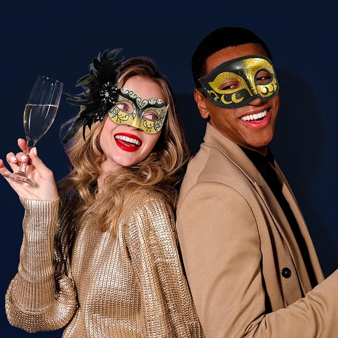 2025 New Masquerade Mask with Feather for Couples - Women's Masquerade Mask with Feather & Men Venetian Costume Mask