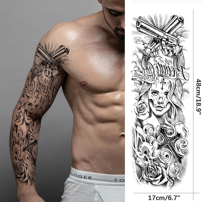Military Temporary Tattoo Sleeve for Men, 4-Sheet Full Arm Large Patriotic Gun Soldier Fake Tattoo Sleeve Adult Women and 4-Sheet Black Floral Tiger Gun Half Temp Tatoo Sticker Leg Makeup Body Art