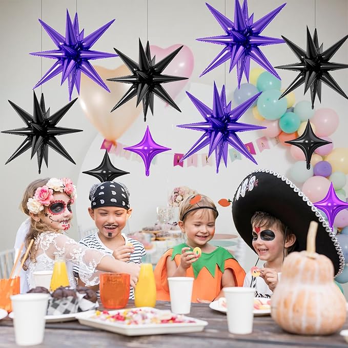 18 Pcs Black Purple Star Balloons, Purple and Black Stars Foil Balloon with 6 Pcs 22-Inch Explosion Star Balloons 12Pcs 10-Inch Four Pointed Stars Balloon for Birthday Halloween Party Decoration