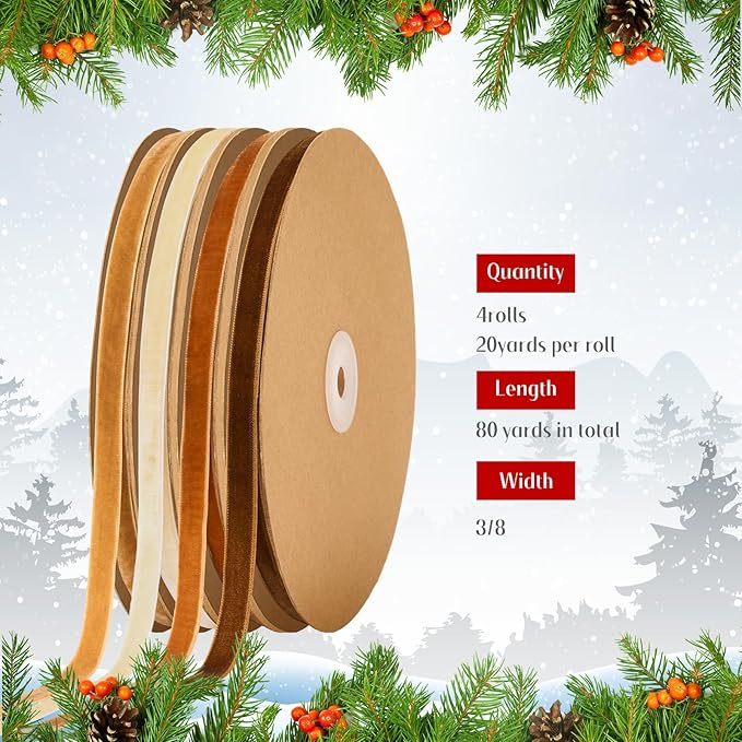Chuangdi 80 Yards Christmas Velvet Ribbon, 4 Rolls 3/8" Thin Vintage Ribbon for Xmas Gift Wrapping Christmas Tree Wreath Ornaments DIY Crafts Decoration, Brown Khaki