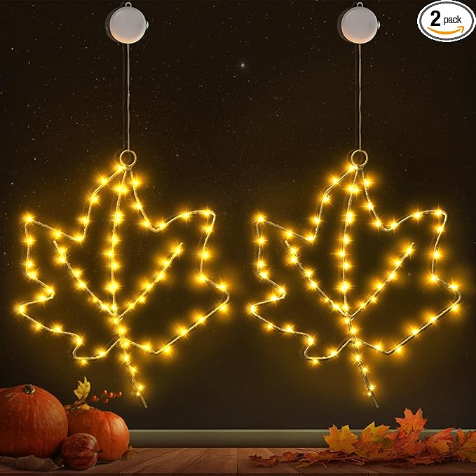 BlcTec Thanksgiving Decorations for Home 2 Pack 10Inch Maple Leaves Thanksgiving Window Lights with Suction Cups, Timer, Battery Operated Metal Frame Window Lights for Thanksgiving Decorations, Orange