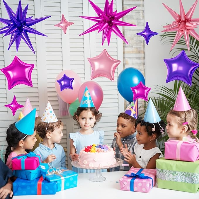 16 Pcs Hot Pink Purple Star Balloons, 22/18/10 Inch Foil Balloons, Four-Pointed Balloon for Girl Princess Birthday Wedding Baby Shower Party Decorations
