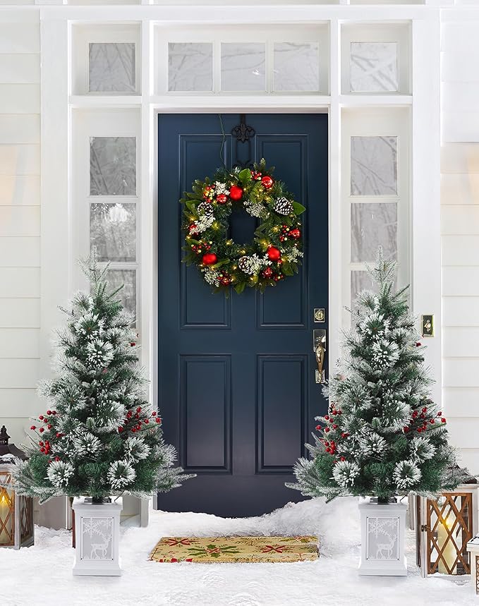 3 ft Mini Christmas Tree with Premium 78 Warm White Led, 8 Mode Xmas Pine Tree for Christmas Decoration, Party Decoration, Home, Office, Snow Flocked White Moose Base 1 Pack