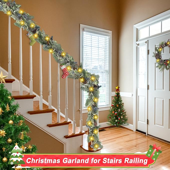 Artgar 6 Ft Christmas Garland, Pre-Lit Christmas Garland - Artificial Garland Christmas Decorations with 30 LED Lights Decorated with Pinecones, Berries for Mantels Dining Tables Porch Decor (Blue)