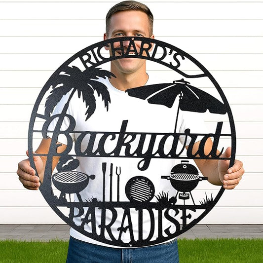 Custom BBQ Grill Metal Sign Personalized Name Wall Art for Outdoor Barbecue Patio Kitchen Backyard Decor Gift for Dad Husband Men Papa Grandpa Father Grilling Enthusiasts Family Lover Funny Gifts 24