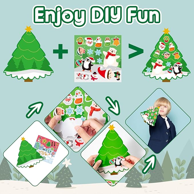 CY2SIDE 12PCS Christmas Tree Scene Art Craft, Make Your Own Xmas Scene, DIY Creative Santa Claus Sticker for Kids Classroom Activities, Christmas Theme Games Party Favors