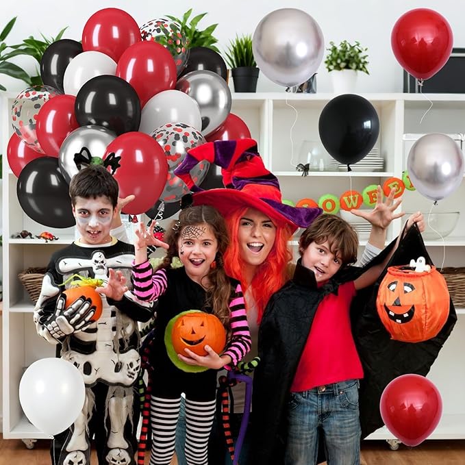 Black Red Balloons, 12 Inch Black Red White and Silver Latex Balloons with Confetti Balloon Party Decoration for Cartoon Birthday Race Car Game Theme Graduation Halloween Party Supplies