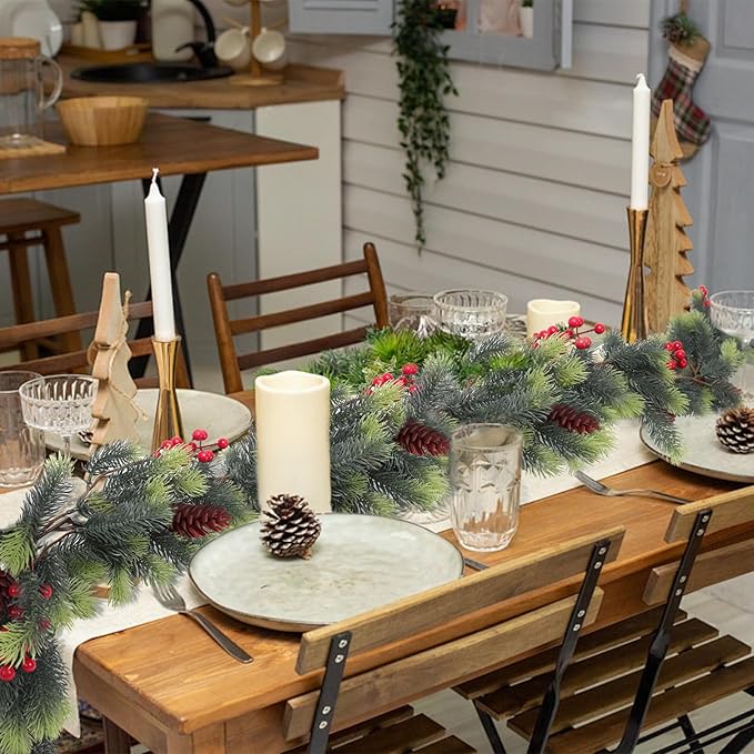 RECUTMS Christmas Garland with Red Berries Decorative Pine Cones and Artificial Holly Berries Artificial Garland for Indoor and Outdoor Greenery Wreath for Holiday Home Table Decor(Light Green)