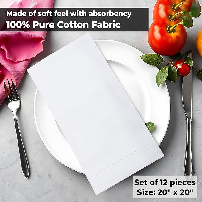 Urban Villa Cloth Napkins White Hemstitch Dinner Napkins Set of 12 20X20 Inches 100% Cotton Absorbent Washable Durable Reusable Ideal for Farmhouse Party Thanksgiving Harvest Fall Dinner Napkins