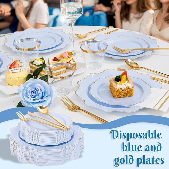 WDF 175Pcs Blue Plastic Plates - Heavy Duty Baby Blue Plates Disposable - 25Guests Plastic Dinnerware Ideal for Parties/Wedding/Baby Shower