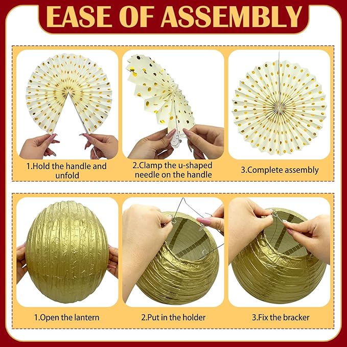 13Pcs Maroon and Gold Party Decorations, Burgundy and Gold Party Decorations Hanging Paper Lanterns Paper Fans for Graduation Baby Shower Birthday Thanksgiving Fall Decor