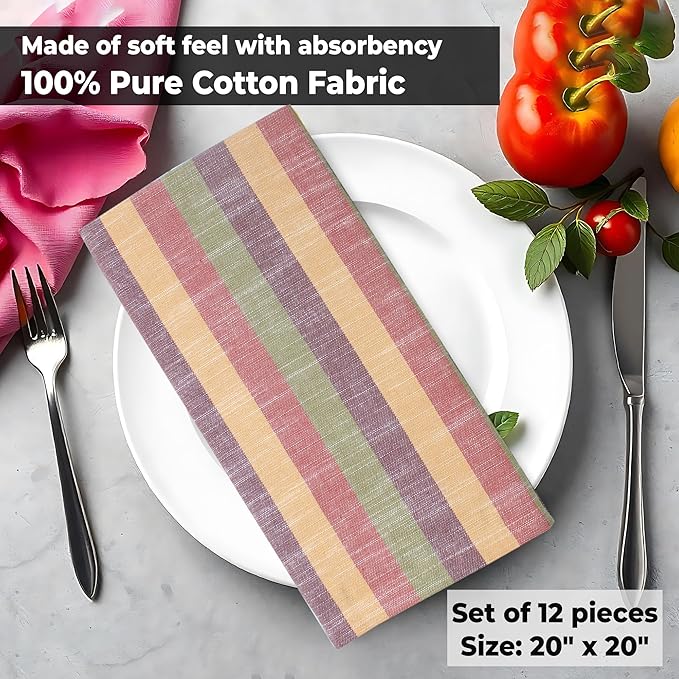 Urban Villa Cloth Napkins Autumn Stripes Dinner Napkins Set of 12 20X20 100% Cotton Absorbent Washable Durable Reusable Cloth Napkins Ideal for Farmhouse Party Thanksgiving Harvest Fall Dinner Napkins