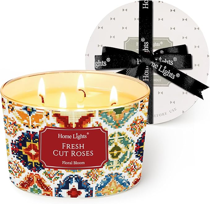HomeLights 4-Wick Candles for Home Scented - 18oz Soy Wax Blend Candle Long-Lasting Fragrance, Bohemian Natural Textures Home Decor and Housewarming Gifts, Fresh Cut Roses