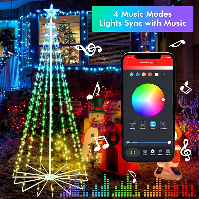 7FT Outdoor Christmas Tree, RGB Color Changing Pre-lit Smart Cone Christmas Tree with LED Lights, App&Remote Control, DIY Multi-Color Lightshow, Music Sync, Christmas New Year Decoration