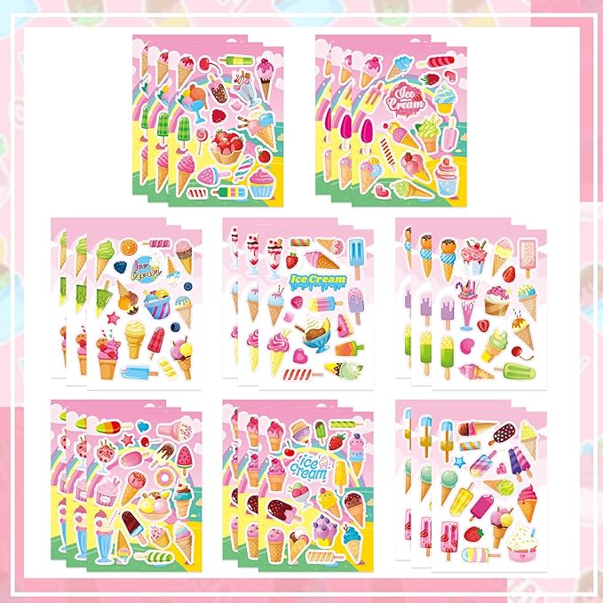 24 Sheets Ice Cream Stickers for Kids, 450Pcs Summer Stickers Bulk Preschool Sticker Sheets for Reward Craft Scrapbooking Water Bottles Gifts Bags Cards Decor