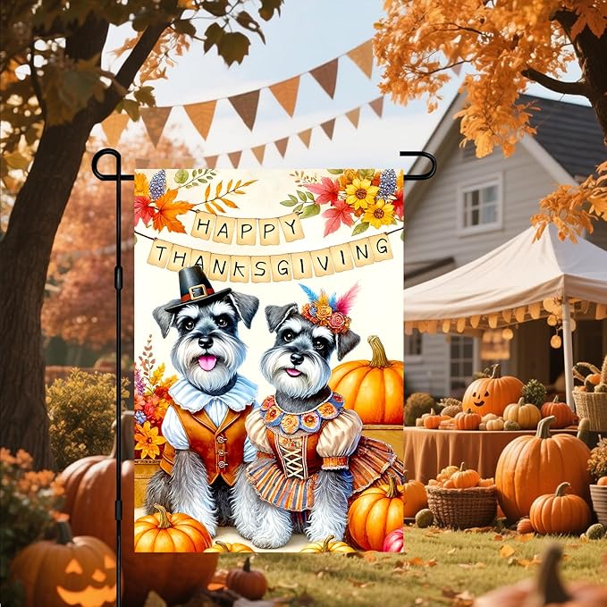 Happy Thanksgiving Garden Flag Dressed Up Schnauzers Pilgrims Pumpkins Autumn Decor 12x18 Inch Double Sided Outdoor Banner For Front Yard Porch Lawn Patio Seasonal Home Decoration Festive