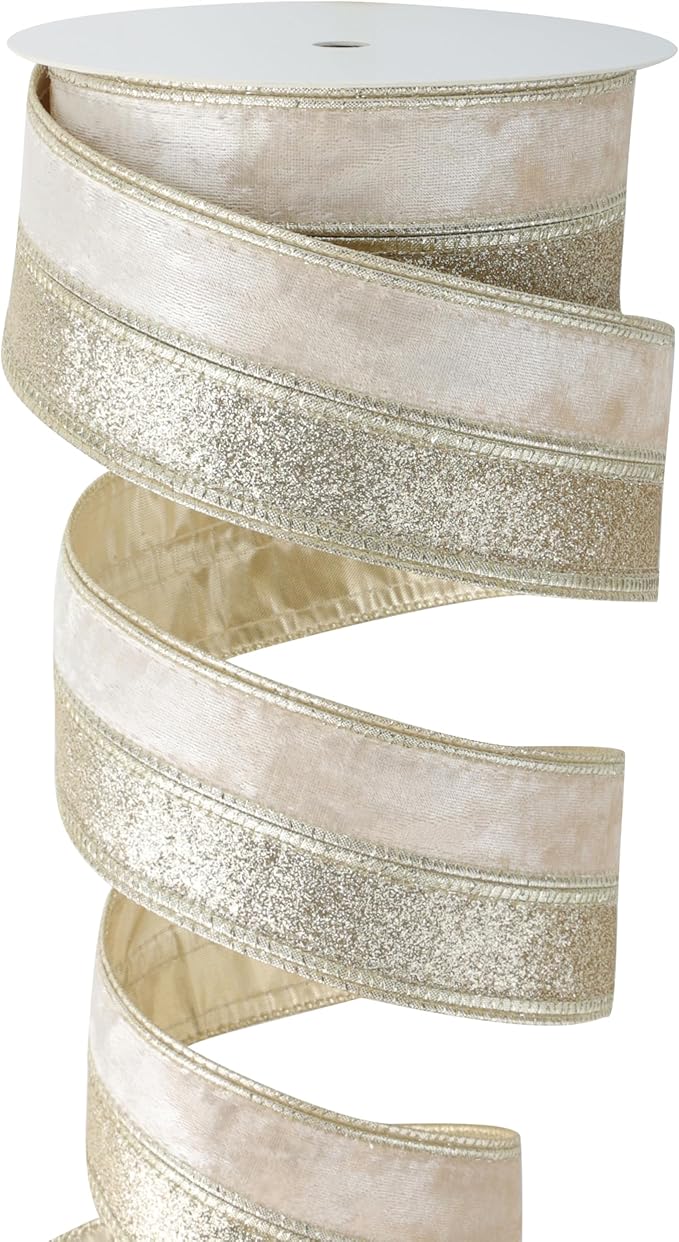 Champagne Velvet and Glitter Wired Christmas Ribbon 2.5 Inch – 10-Yards Roll for Tree Decorations, Gift Wrapping, Wreaths, and DIY Crafts