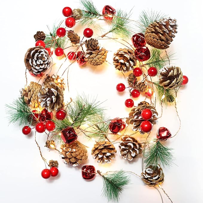 RECUTMS Christmas Garland with Pine Cones, Red Berry, 6.5FT, 20 LED Fairy Pinecone Lights for Fireplace Mantle, Winter Xmas Tree Party Indoor Outdoor Decorations (2 Pcs)
