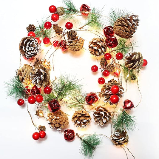 RECUTMS Christmas Garland with Pine Cones, Red Berry, 6.5FT, 20 LED Fairy Pinecone Lights for Fireplace Mantle, Winter Xmas Tree Party Indoor Outdoor Decorations (2 Pcs)