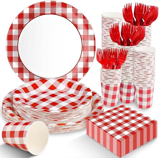 Red Gingham Plates and Napkins Party Supplies, Red and White Disposable Tableware Set, Checkered Plaid Paper Plates for Birthday Family Dinner Picnic Christmas Party Baby Shower Decor Serves 25