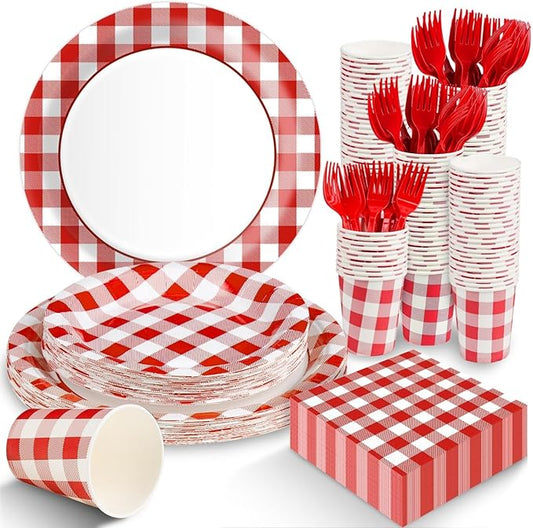 Red Gingham Plates and Napkins Party Supplies, Red and White Disposable Tableware Set, Checkered Plaid Paper Plates for Birthday Family Dinner Picnic Christmas Party Baby Shower Decor Serves 25
