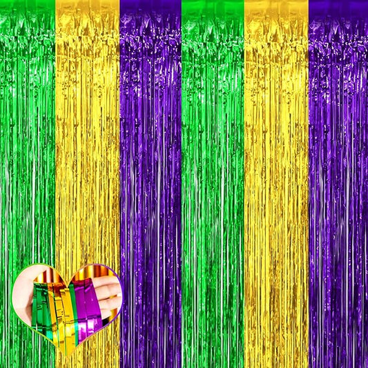 4 Pack 3.2Ft x 9.8Ft Mardi Gras Fringe Curtain Backdrop, Gold Green Purple Metallic Tinsel Foil Fringe Streamers Curtains Background for Photo Booth Birthday Wedding Carnival Party Decorations