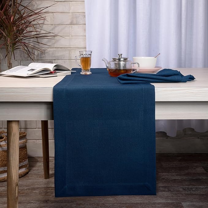 D'Moksha Homes Navy Blue Table Runner 14 x 36 Inch - Faux Linen Table Runner - Wrinkle Resistant, Machine Washable Ideal for Dresser, Coffee Tables, Thanksgiving - 100% Recycled Fabric
