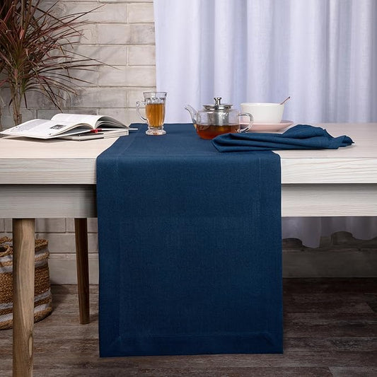 D'Moksha Homes Navy Blue Table Runner 14 x 60 Inch - Faux Linen Table Runner - Wrinkle Resistant, Machine Washable Ideal for Dresser, Coffee Tables, Thanksgiving - 100% Recycled Fabric