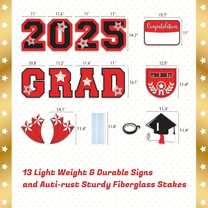 Graduation Yard Sign 2025 with Stakes, Large 2025 Graduation Lawn Signs Set (13 Pcs in Red and Black with Personalized Name DIY Board) Versatile Graduation Decorations for Grad Party Indoor or Outdoor