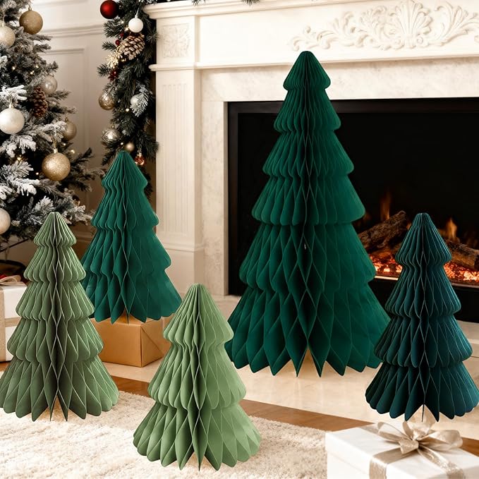 5Pcs Extra Large Christmas Table Decorations Green Paper Christmas Trees, Light Up Honeycomb Xmas Tree Centerpieces for Tables Christmas Frozen Winter Wonderland Party Vintage Home Decor 14/16/24 Inch