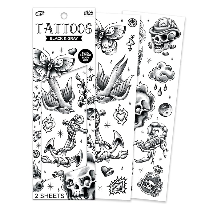 Savvi - 20 Black and Gray Temporary Tattoos: Skin-Safe Ink, Great for Parties and Everyday Wear, Gifts for Teens and Adults, Made in the USA [2 sheets, 20 count]