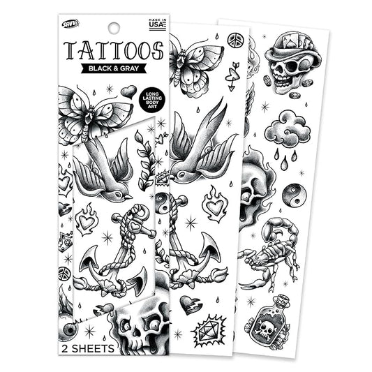 Savvi - 20 Black and Gray Temporary Tattoos: Skin-Safe Ink, Great for Parties and Everyday Wear, Gifts for Teens and Adults, Made in the USA [2 sheets, 20 count]