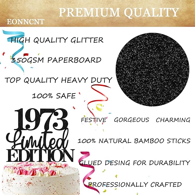 Limited EDITION 1973 Cake Topper - Black Glitter Happy 52nd Birthday Party Cake Decoration Supplies, Cheer to 52 Years Cake Bunting Decor for 52nd Birthday Party Photo Booth Props