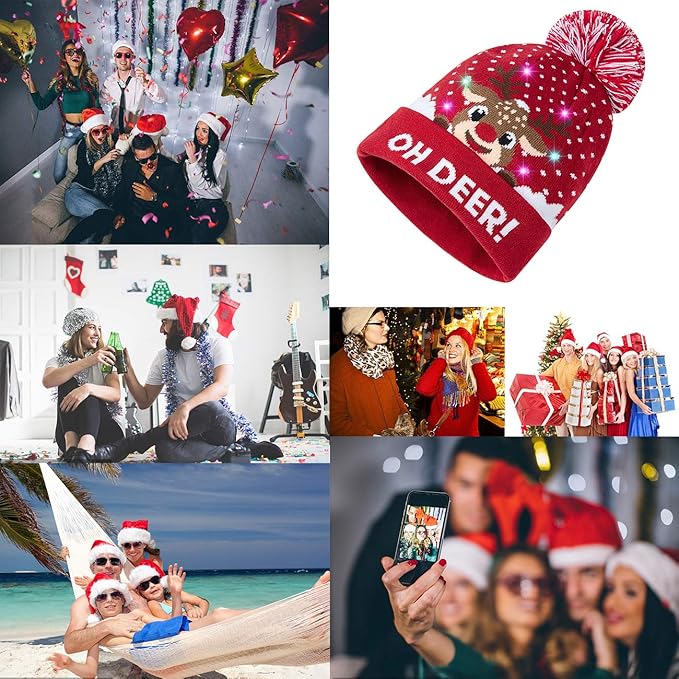 RAISEVERN Unisex Ugly LED Christmas Hat Novelty Colorful Light-up Stylish Knitted Sweater Xmas Party Beanie Cap(6 Lights)